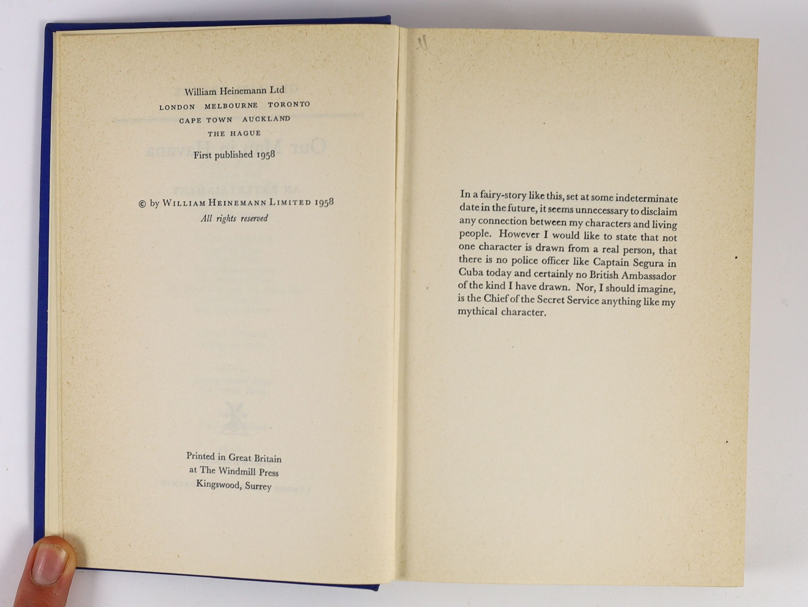 Greene, Graham - Our Man in Havana, 1st edition, in clipped d/j, William Heinemann, London, 1958